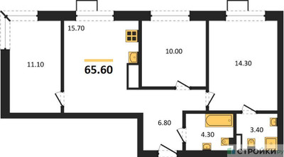 Планировка трехкомнатной(квартира) площадью 65.6 квадратных метров в ЖК “ЖК Foreville (Форевилль)”