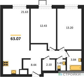 Планировка двухкомнатной(квартира) площадью 63.07 квадратных метров в ЖК “ЖК Квартал Тетрис”