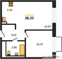Планировка однокомнатной(квартира) площадью 38.25 квадратных метров в “ЖК Квартал Марьино”