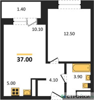 Планировка однокомнатной(квартира) площадью 37 квадратных метров в “ЖК Пушкино Град”