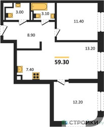 Планировка двухкомнатной(квартира) площадью 59.3 квадратных метров в “ЖК Sokolniki (Сокольники)”