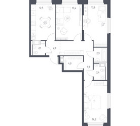 Планировка трехкомнатной(квартира) площадью 76.9 квадратных метров в ЖК “ЖК Мытищи Парк”