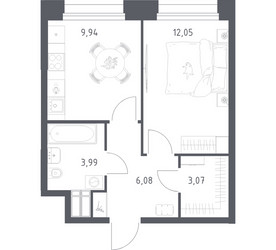 Планировка однокомнатной(апартаменты) площадью 35.13 квадратных метров в ЖК “ЖК Апарт-отель Тропарево парк”