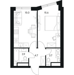 Планировка однокомнатной(квартира) площадью 42.9 квадратных метров в ЖК “ЖК Нексус от Аквилон”