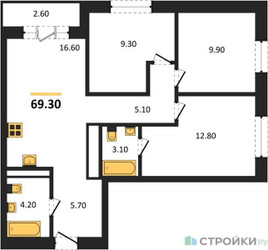 Планировка трехкомнатной(квартира) площадью 69.3 квадратных метров в ЖК “ЖК Квартал Метроном”