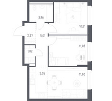 Планировка двухкомнатной(квартира) площадью 52.4 квадратных метров в “ЖК Пригород Лесное”