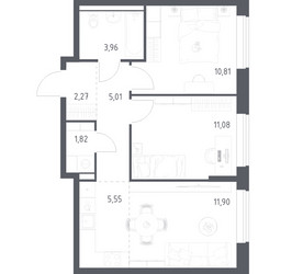 Планировка двухкомнатной(квартира) площадью 52.4 квадратных метров в ЖК “ЖК Пригород Лесное”