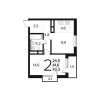 Планировка двухкомнатной(квартира) площадью 43.3 квадратных метров в “Новые Ватутинки. Заречный”