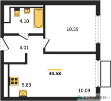 Планировка однокомнатной(квартира) площадью 34.58 квадратных метров в “ЖК Пригород Лесное”