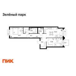 Планировка двухкомнатной(квартира) площадью 65.7 квадратных метров в ЖК “ЖК Зеленый парк”