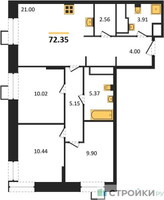 Планировка трехкомнатной(квартира) площадью 72.35 квадратных метров в “ЖК Апарт-отель Тропарево парк”