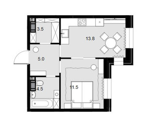 Планировка однокомнатной(квартира) площадью 38.3 квадратных метров в ЖК “ЖК Театральный квартал”