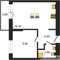 Планировка однокомнатной(квартира) площадью 36 квадратных метров в “ЖК Первый квартал”
