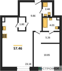 Планировка однокомнатной(квартира) площадью 57.46 квадратных метров в ЖК “ЖК UltimaСity (УльтимаСити)”