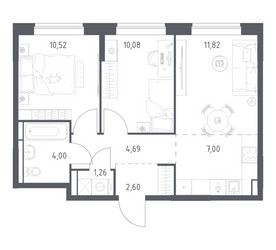 Планировка двухкомнатной(квартира) площадью 51.97 квадратных метров в ЖК “ЖК Богдановский Лес”