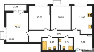 Планировка трехкомнатной(квартира) площадью 70.5 квадратных метров в “ЖК Бунинские кварталы”