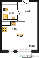 Планировка студии(квартира) площадью 25.42 квадратных метров в “ЖК Алхимово”