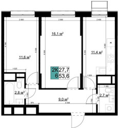 Планировка двухкомнатной(квартира) площадью 53.6 квадратных метров в ЖК “ЖК Одинцово Сити”