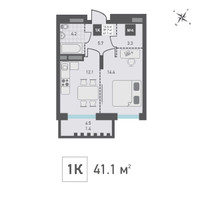 Планировка однокомнатной(квартира) площадью 41.1 квадратных метров в “ЖК Зеленоград Ривьера”