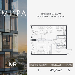 Планировка однокомнатной(квартира) площадью 42.56 квадратных метров в ЖК “Дом премиум-класса МИРА”