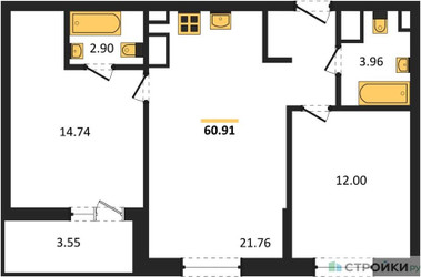 Планировка двухкомнатной(квартира) площадью 60.91 квадратных метров в ЖК “ЖК Светлый мир Станция Л”
