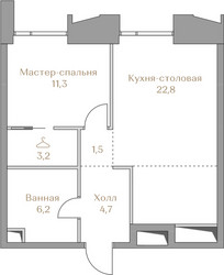 Планировка однокомнатной(квартира) площадью 49.8 квадратных метров в ЖК “ЖК Коллекция Лужники”