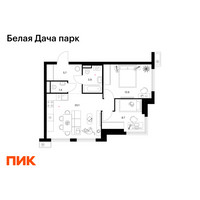 Планировка двухкомнатной(квартира) площадью 52.4 квадратных метров в “ЖК Белая Дача парк”