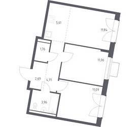 Планировка двухкомнатной(квартира) площадью 52.72 квадратных метров в ЖК “ЖК Квартал Западный”
