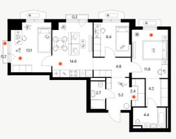 Планировка трехкомнатной(квартира) площадью 72 квадратных метров в “ЖК Восточное Бутово”