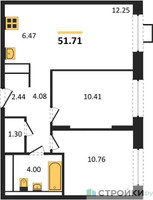 Планировка двухкомнатной(квартира) площадью 51.71 квадратных метров в “ЖК Прибрежный Парк”