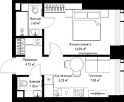 Планировка однокомнатной(квартира) площадью 36.92 квадратных метров в “ЖК Веер”