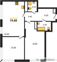 Планировка двухкомнатной(квартира) площадью 74.6 квадратных метров в “Жилой район Alia (Алиа)”