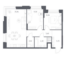Планировка двухкомнатной(апартаменты) площадью 65.37 квадратных метров в “ЖК Апарт-отель Тропарево парк”