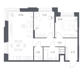 Планировка двухкомнатной(апартаменты) площадью 65.37 квадратных метров в ЖК “ЖК Апарт-отель Тропарево парк”
