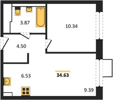 Планировка однокомнатной(квартира) площадью 34.63 квадратных метров в “ЖК Квартал Сабурово”