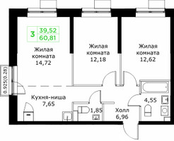 Планировка трехкомнатной(квартира) площадью 60.81 квадратных метров в “ЖК КИТ 2”