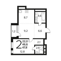 Планировка двухкомнатной(квартира) площадью 47.8 квадратных метров в “Новые Ватутинки. Заречный”