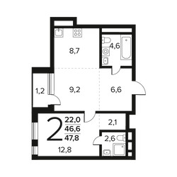 Планировка двухкомнатной(квартира) площадью 47.8 квадратных метров в ЖК “Новые Ватутинки. Заречный”