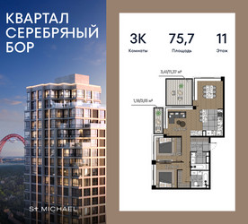 Планировка трехкомнатной(квартира) площадью 75.7 квадратных метров в ЖК “ЖК Квартал Серебряный бор”