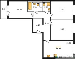 Планировка трехкомнатной(квартира) площадью 74.9 квадратных метров в “ЖК Заречье Парк”