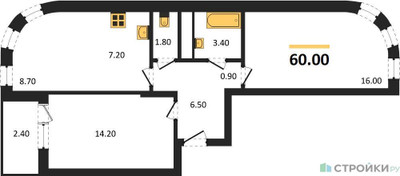 Планировка трехкомнатной(квартира) площадью 60 квадратных метров в ЖК “ЖК Адмирал”