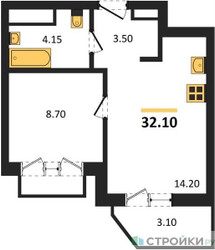 Планировка однокомнатной(квартира) площадью 32.1 квадратных метров в ЖК “ЖК ВОСТОК II”