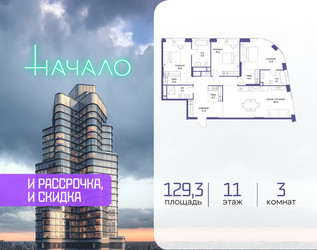 Планировка трехкомнатной(квартира) площадью 129.3 квадратных метров в ЖК “ЖК Начало”