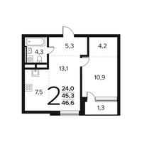 Планировка двухкомнатной(квартира) площадью 46.7 квадратных метров в “Новые Ватутинки. Заречный”