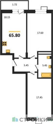 Планировка двухкомнатной(квартира) площадью 65.8 квадратных метров в “ЖК Радость (Радумля Парк)”