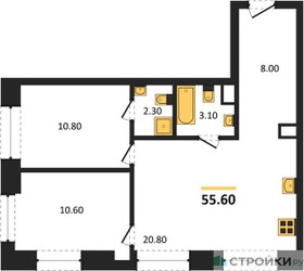 Планировка двухкомнатной(квартира) площадью 55.6 квадратных метров в ЖК “ЖК Voice Towers (Войс Тауэрс)”