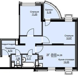 Планировка двухкомнатной(квартира) площадью 54.8 квадратных метров в ЖК “ЖК Соболевка”