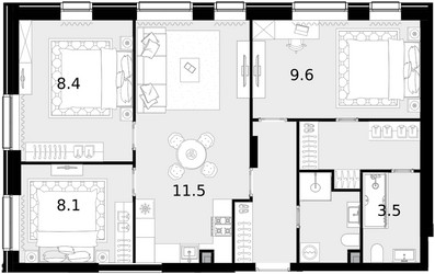 Планировка трехкомнатной(квартира) площадью 92.9 квадратных метров в ЖК “ЖК Crystal Трилогия (Кристал)”