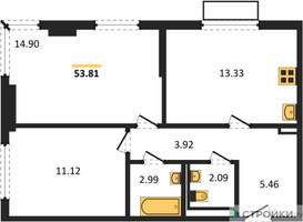 Планировка двухкомнатной(квартира) площадью 53.81 квадратных метров в “ЖК Пригород Лесное”