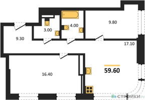 Планировка двухкомнатной(квартира) площадью 59.6 квадратных метров в “Архитектурный проект U2 (ЮТУ)”